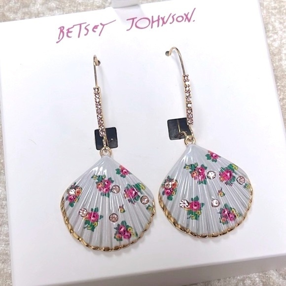 Brand New Betsey Johnson Floral Seashell Rhinestone Drop Earrings Beach Tropical - Picture 5 of 14